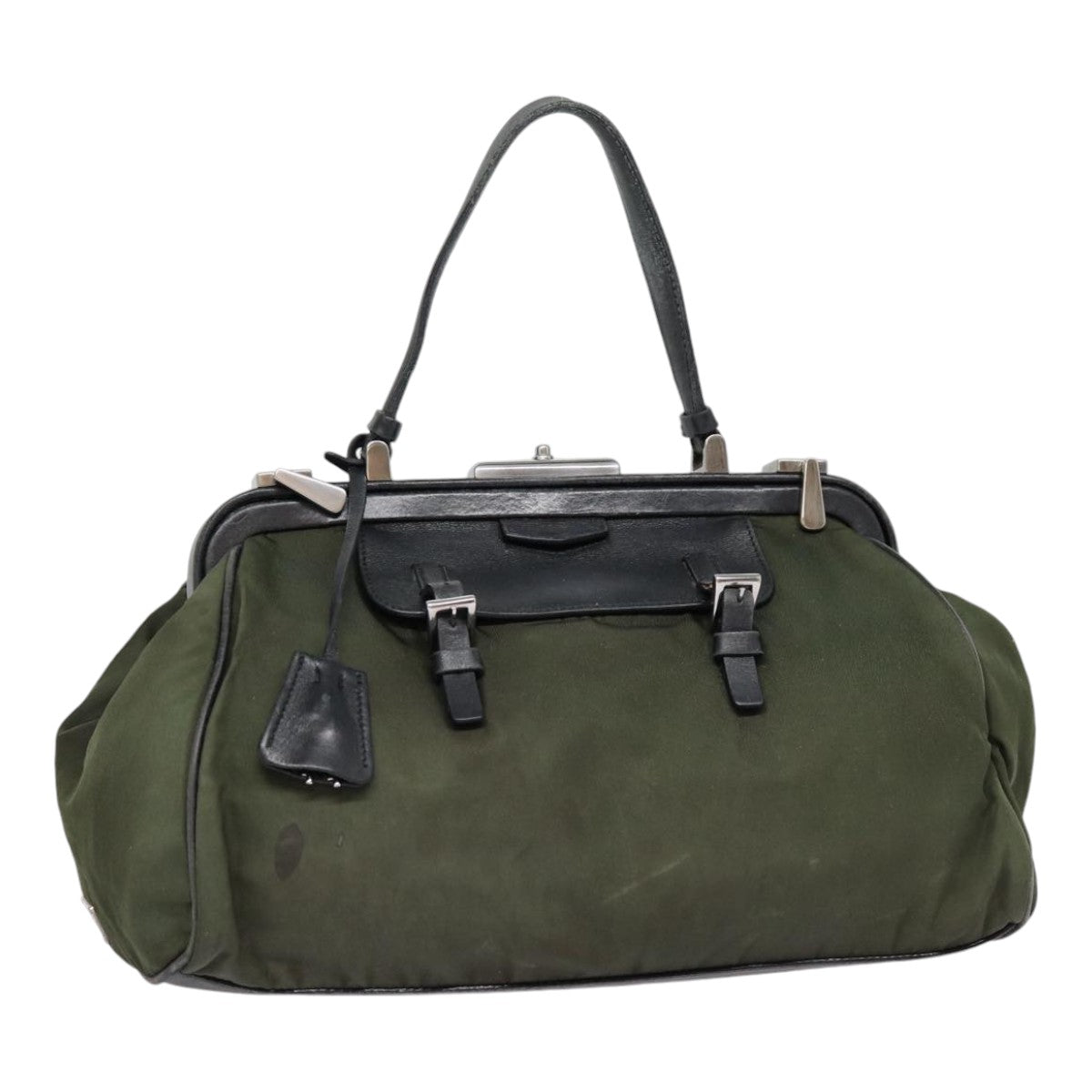 PRADA Hand Bag Nylon Khaki Silver Auth