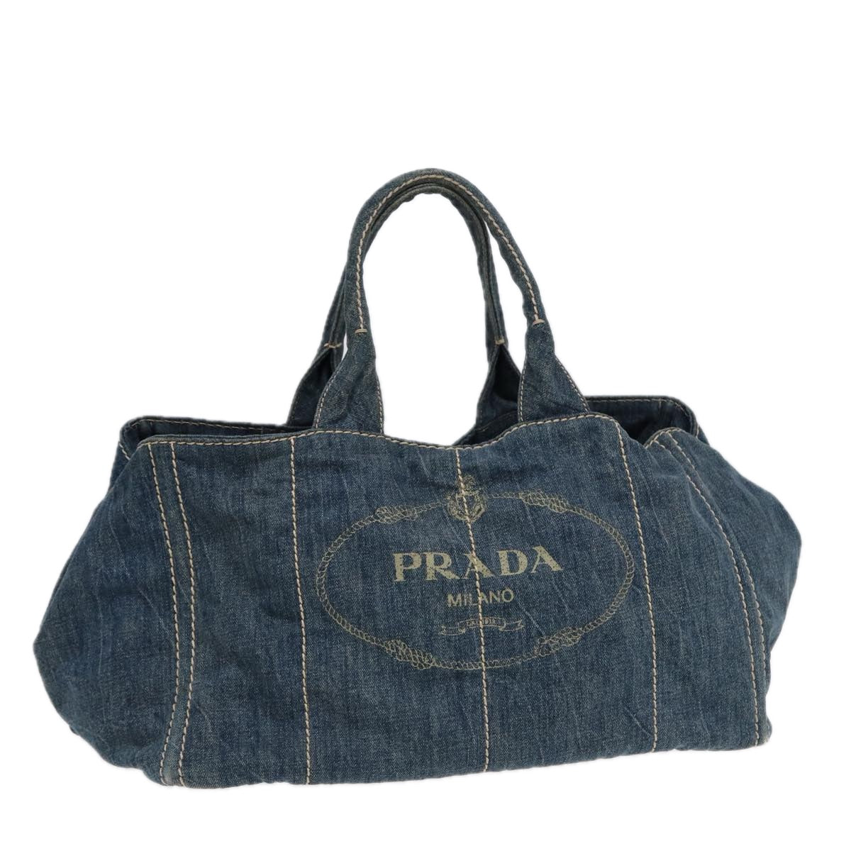 PRADA Canapa GM Hand Bag Blue Gold Auth
