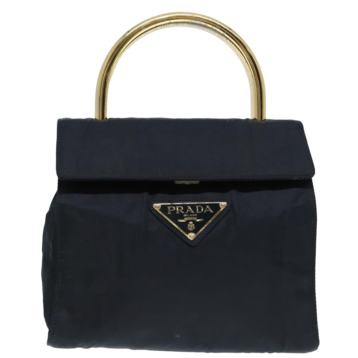 PRADA Hand Bag Nylon Navy Gold Auth