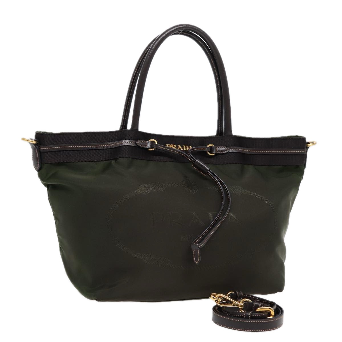 PRADA Hand Bag Nylon 2way Khaki Gold Auth