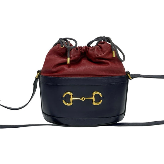 GUCCI Shoulder Bag leather Navy Horsebit Bucket Bag Women