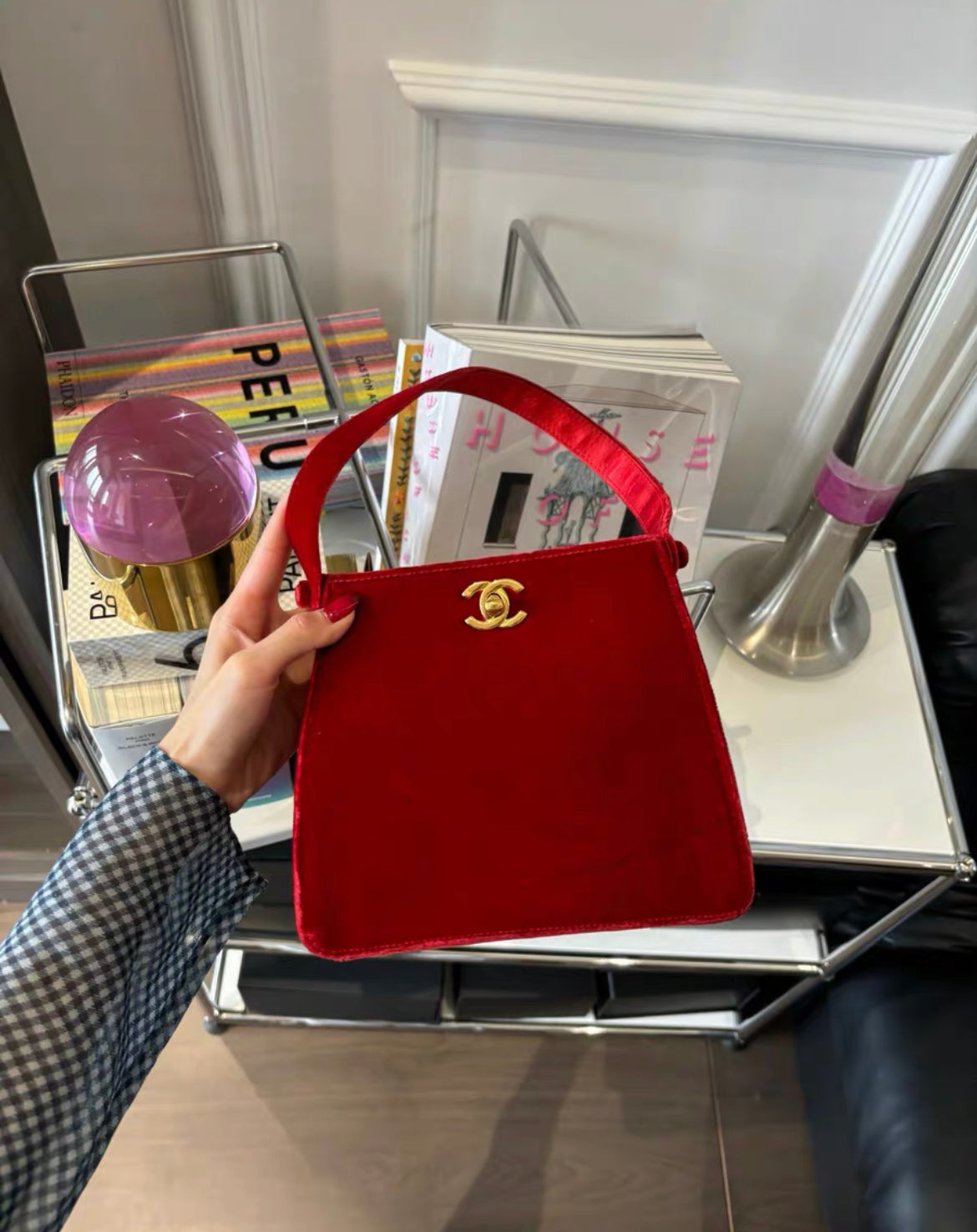 Chanel Rare Classic Velvet Red Kelly Bag Gold Plated Hardware