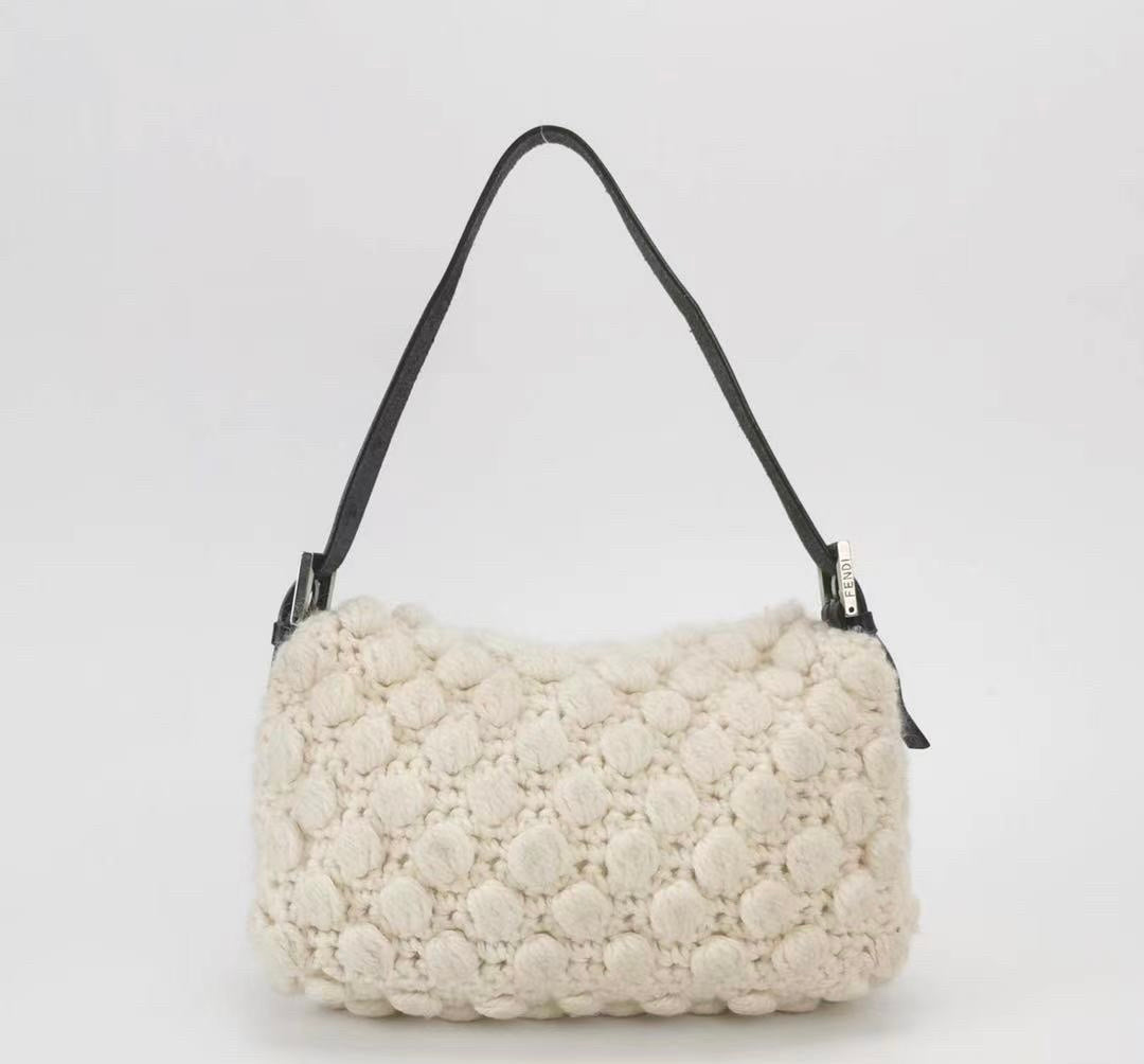 Fendi Baguette Bag White Wool Pompom Shoulder Bag