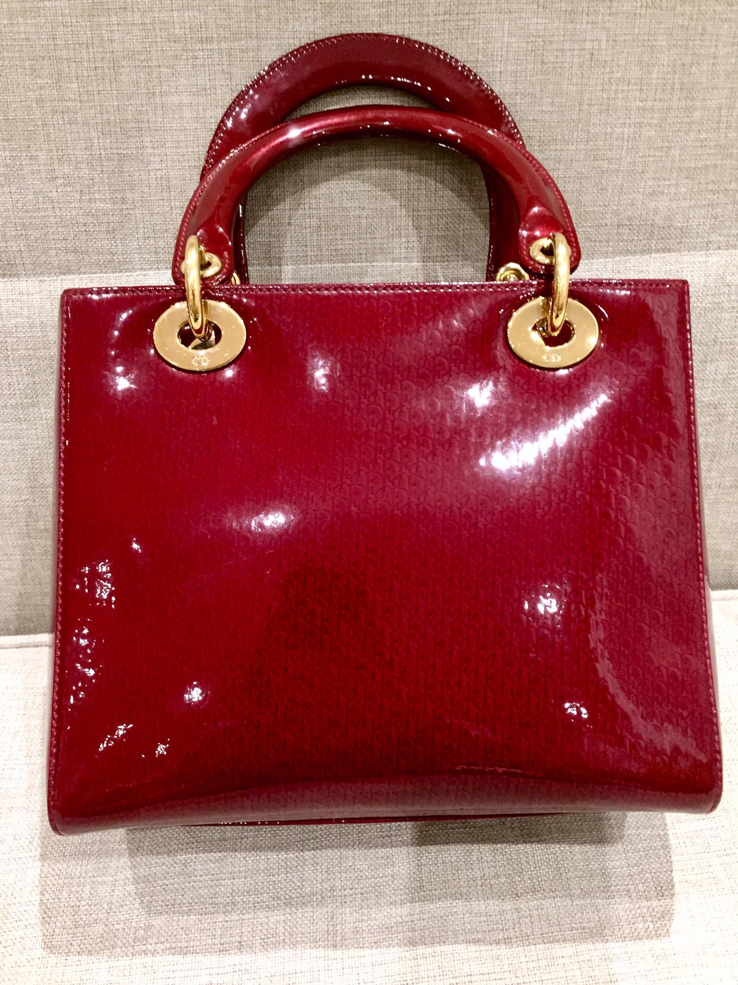 Lady Dior Medium Red Patent Leather Monogram Embossed Handbag Gold Hardware