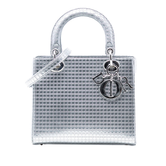 Silver Dior Medium Metallic Patent Microcannage Lady Dior Satchel