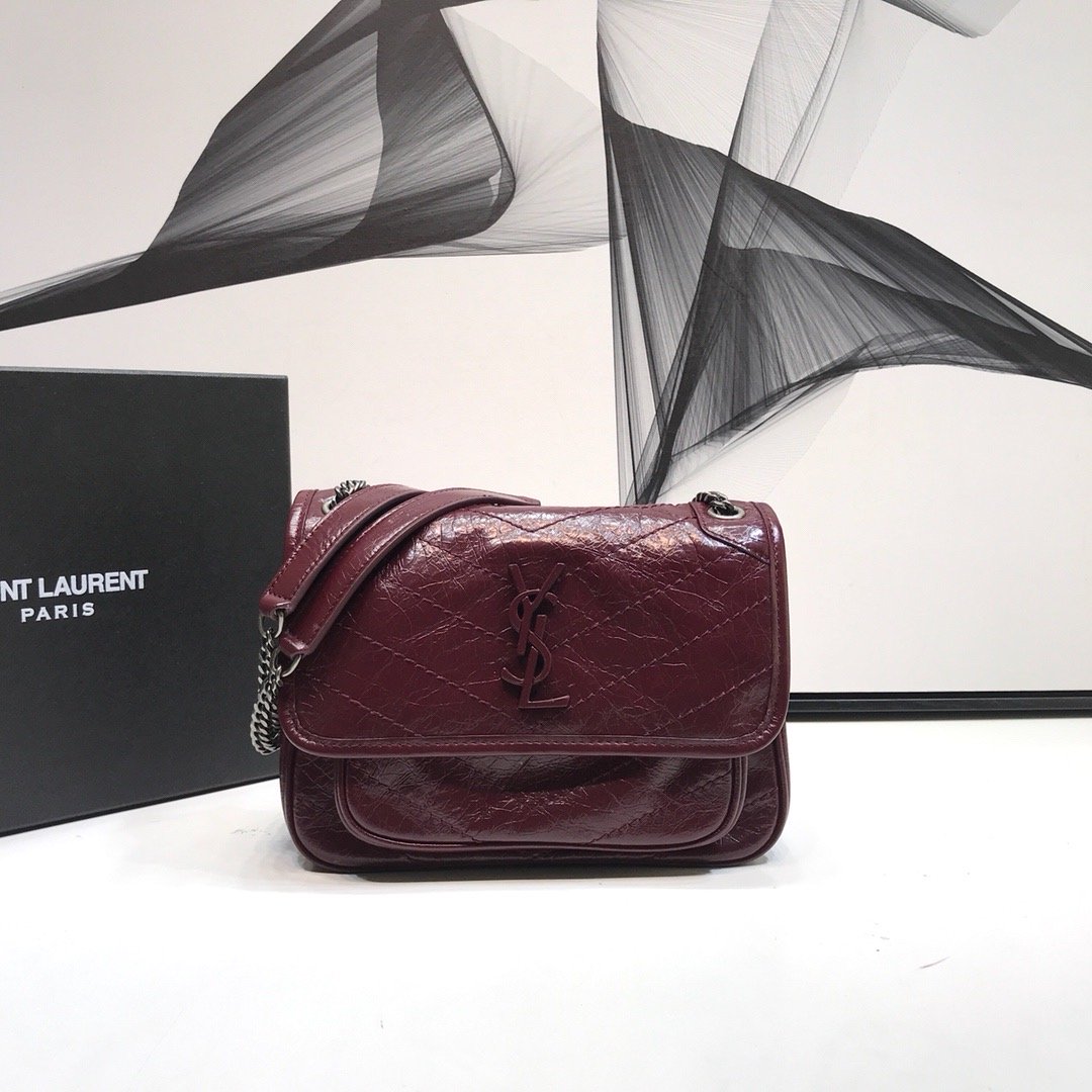 Yves Saint Laurent Niki Baby Chain Bag In Crinkled Burgundy