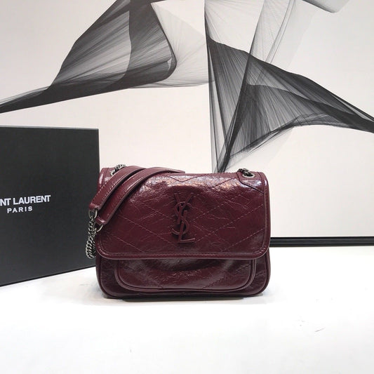 Yves Saint Laurent Niki Baby Chain Bag In Crinkled Burgundy