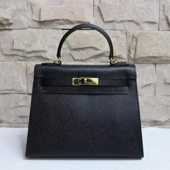 Luxury Hermes Kelly 28cm Epsom Leather Handbag Black Gold