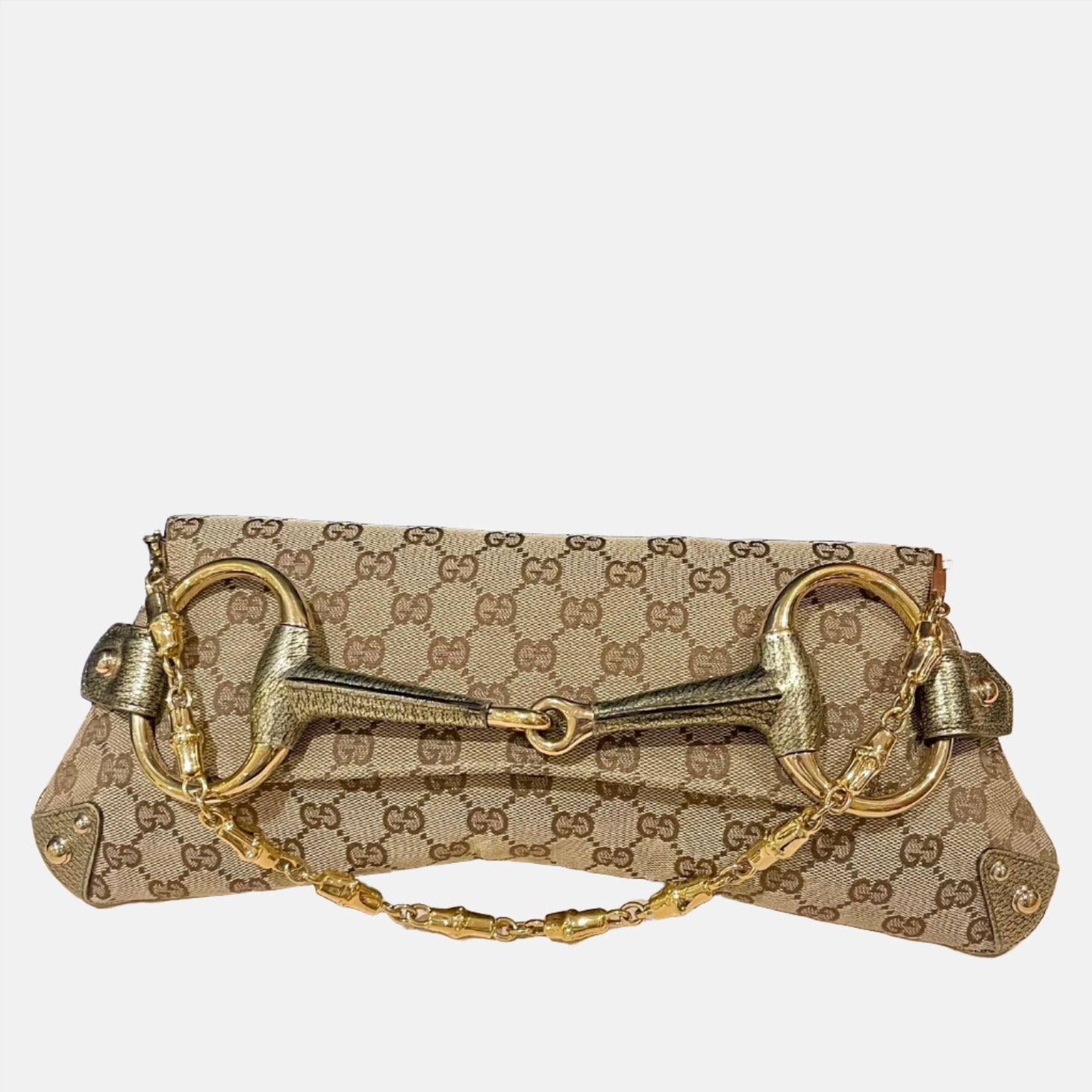 Gucci Horsebit 1955 Large Cloth Beige Monogram Gold Leather Shoulder bag