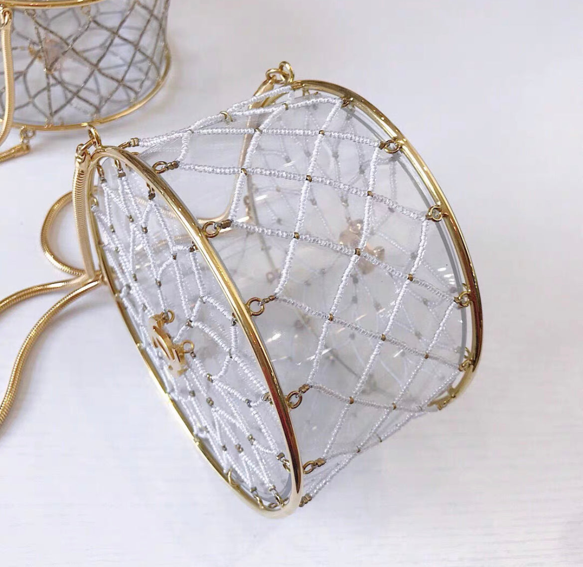 Chanel MinaudiÃ¨re Ultra Rare 1990 Beaded Gold Transparent Circle Micro Mini Bag