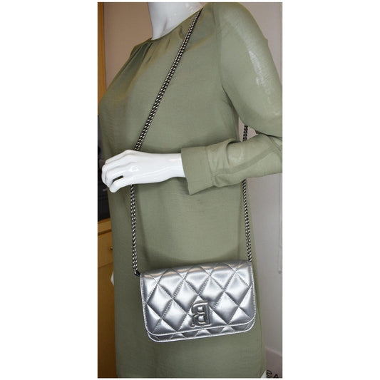 BALENCIAGA B Quilted Leather Wallet On Chain Crossbody Bag Silver - Last Call