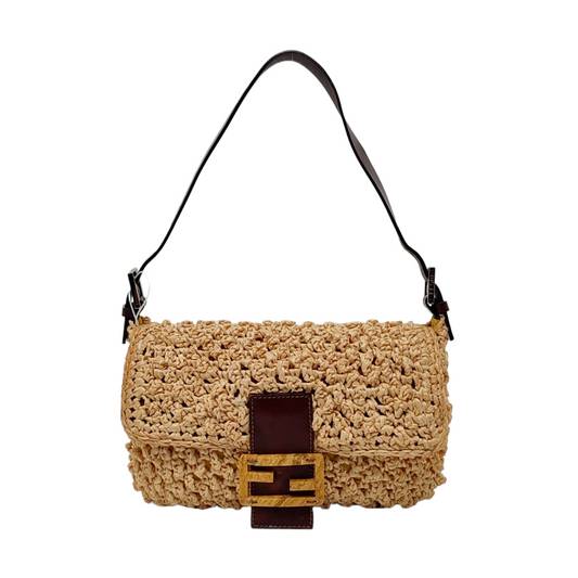 Fendi Baguette Raffia Straw Beige and Brown Leather Shoulder Bag