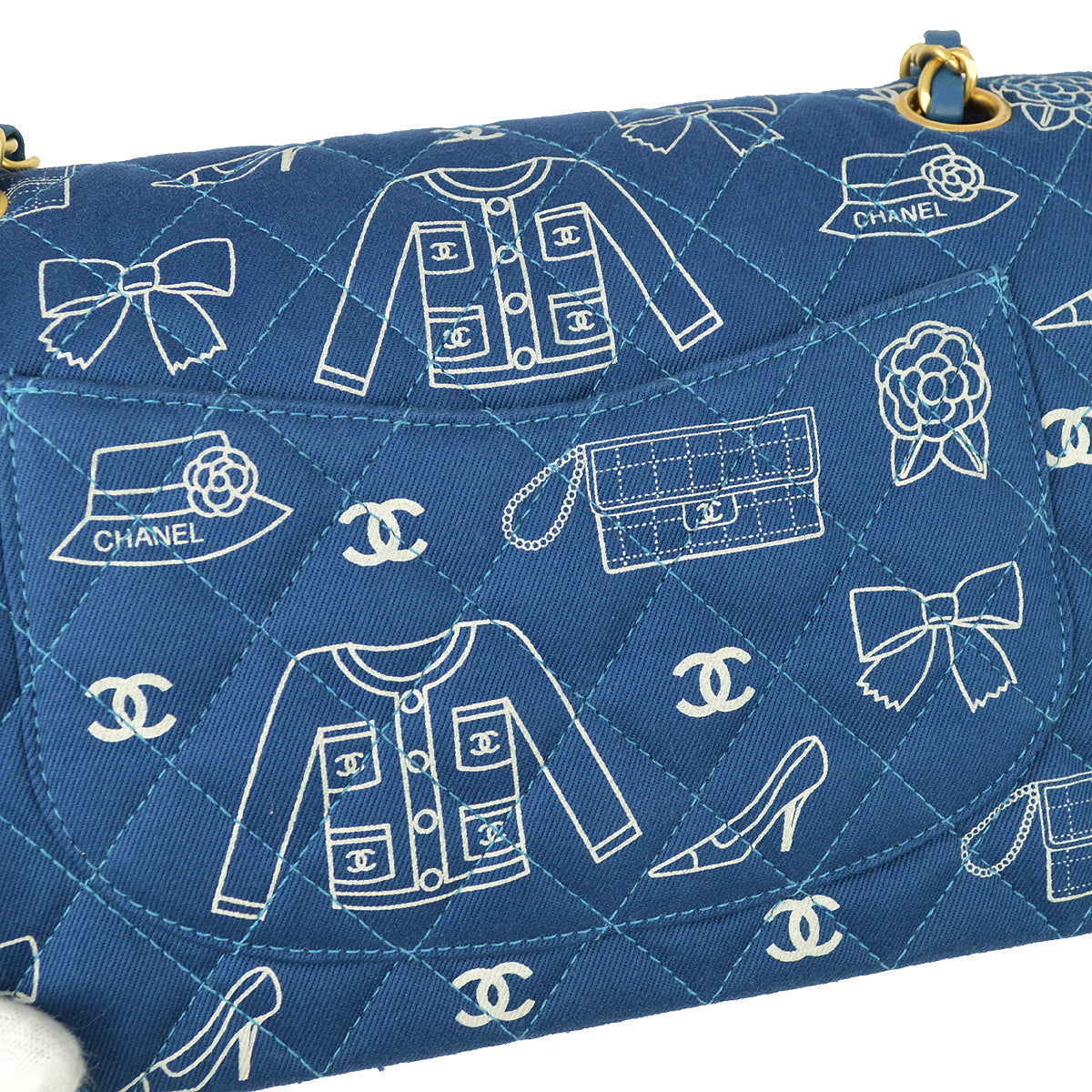 Chanel Blue Canvas Icon Medium Classic Double Flap Shoulder Bag