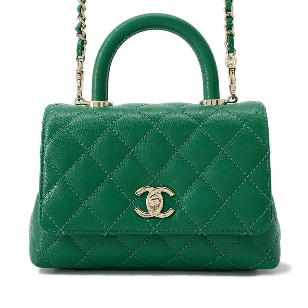 CHANEL CC Logo Top Handle Mini Flap Green AS2215 Caviar Leather Size XXS