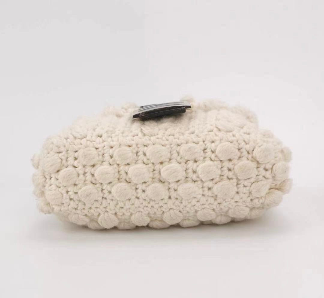 Fendi Baguette Bag White Wool Pompom Shoulder Bag