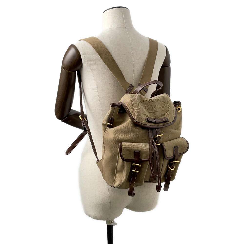 PRADA Logo Backpack Beige/Brown Canvas Leather