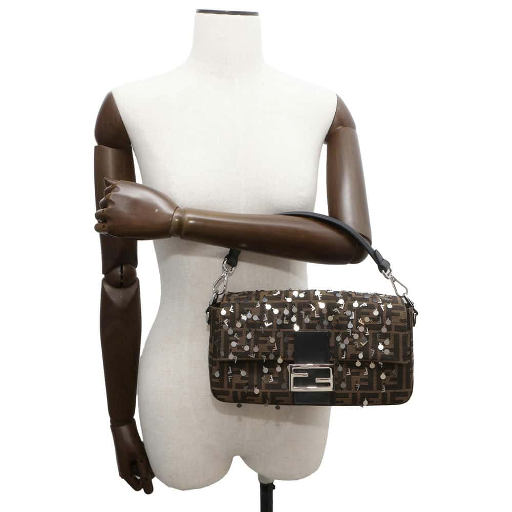 FENDI Bucket ZuccaPattern/Sequins 2WAY Shoulder Bag Brown 7VA572 Canvas