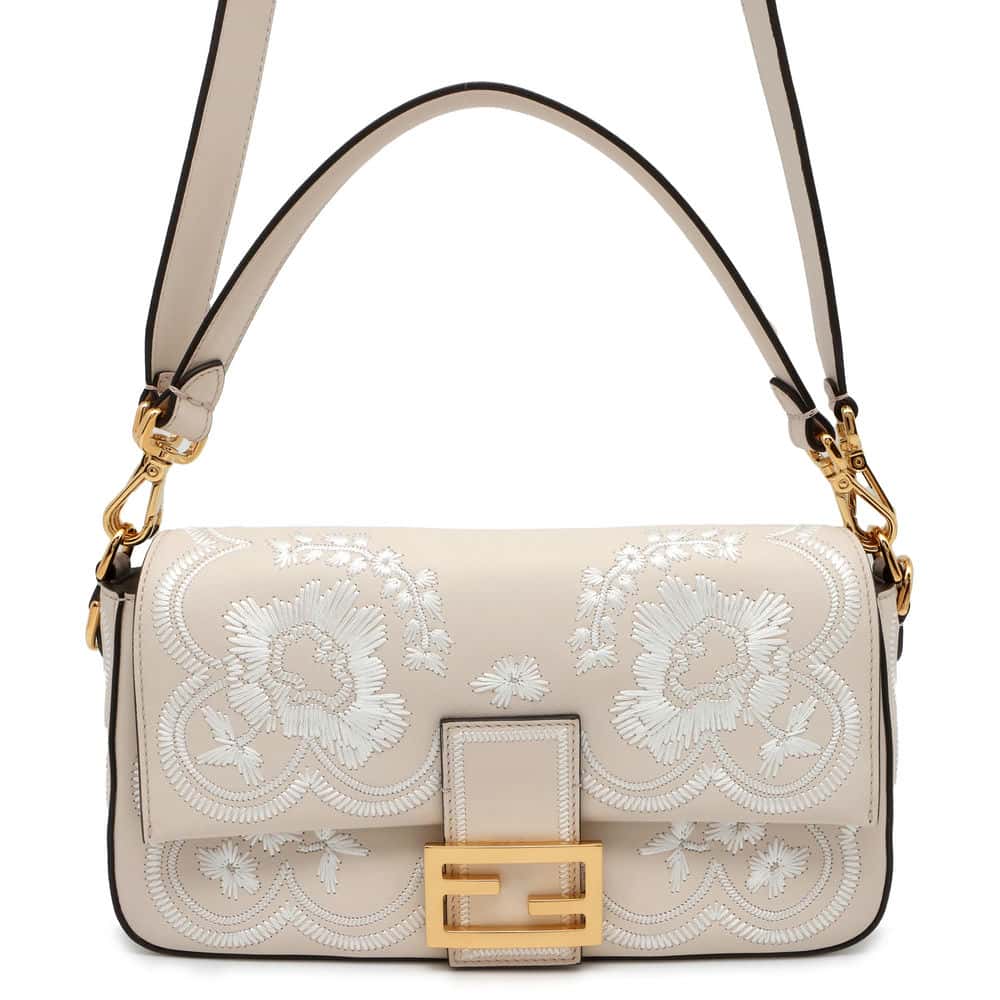 FENDI Bucket Floral Embroidery 2WAY Shoulder Bag Ivory/White 8BR600 Leather