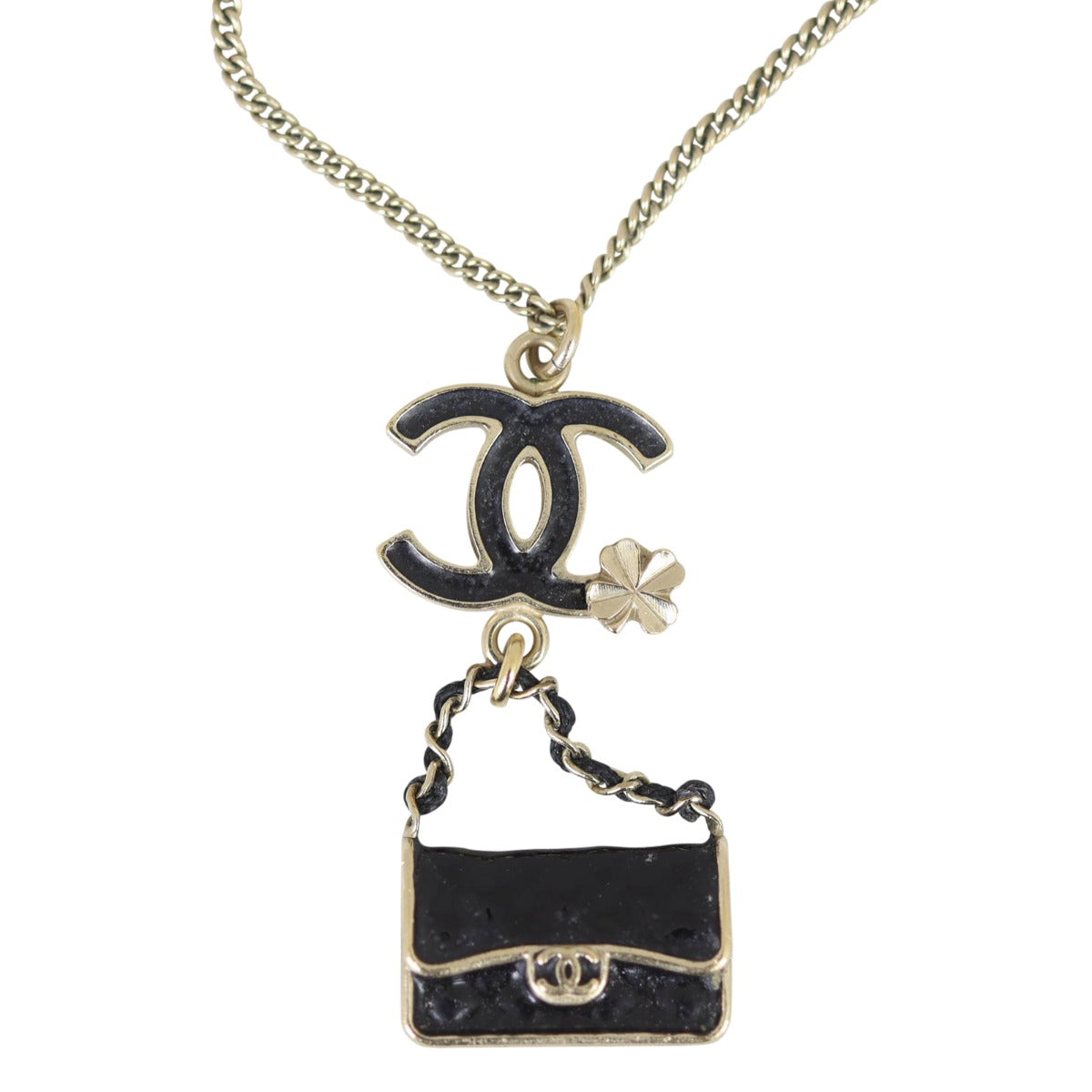 Chanel CC Enamel Flap Bag Pendant Necklace | Black Gold Hardware