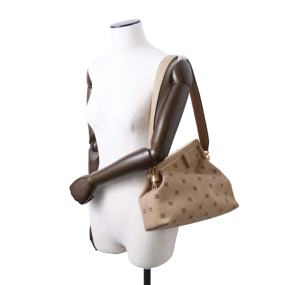 FENDI First Flannel Shoulder Bag Beige 8BP127 Wool Size Medium