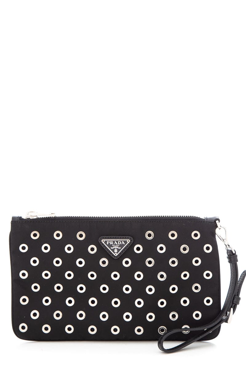 Prada Black & Silver Grommet Studded Pouch Luxury Handbag