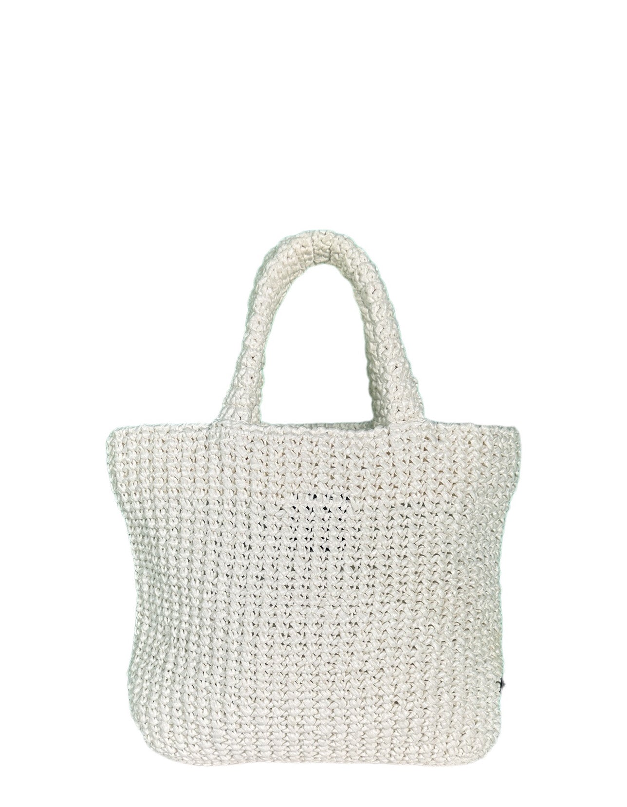 Prada White Yarn Raffia Effect Crochet Embroidered Small Logo Tote Bag