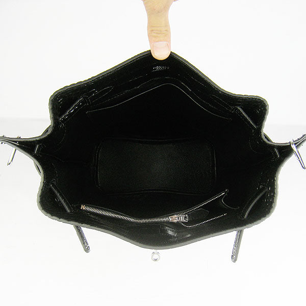 Luxury Hermes Crocodile Vein Shoulder Bag Black Silver