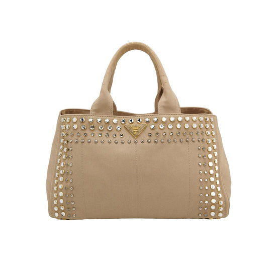 Prada Canape Canvas Tote Beige Top Handle Bag with Jewels
