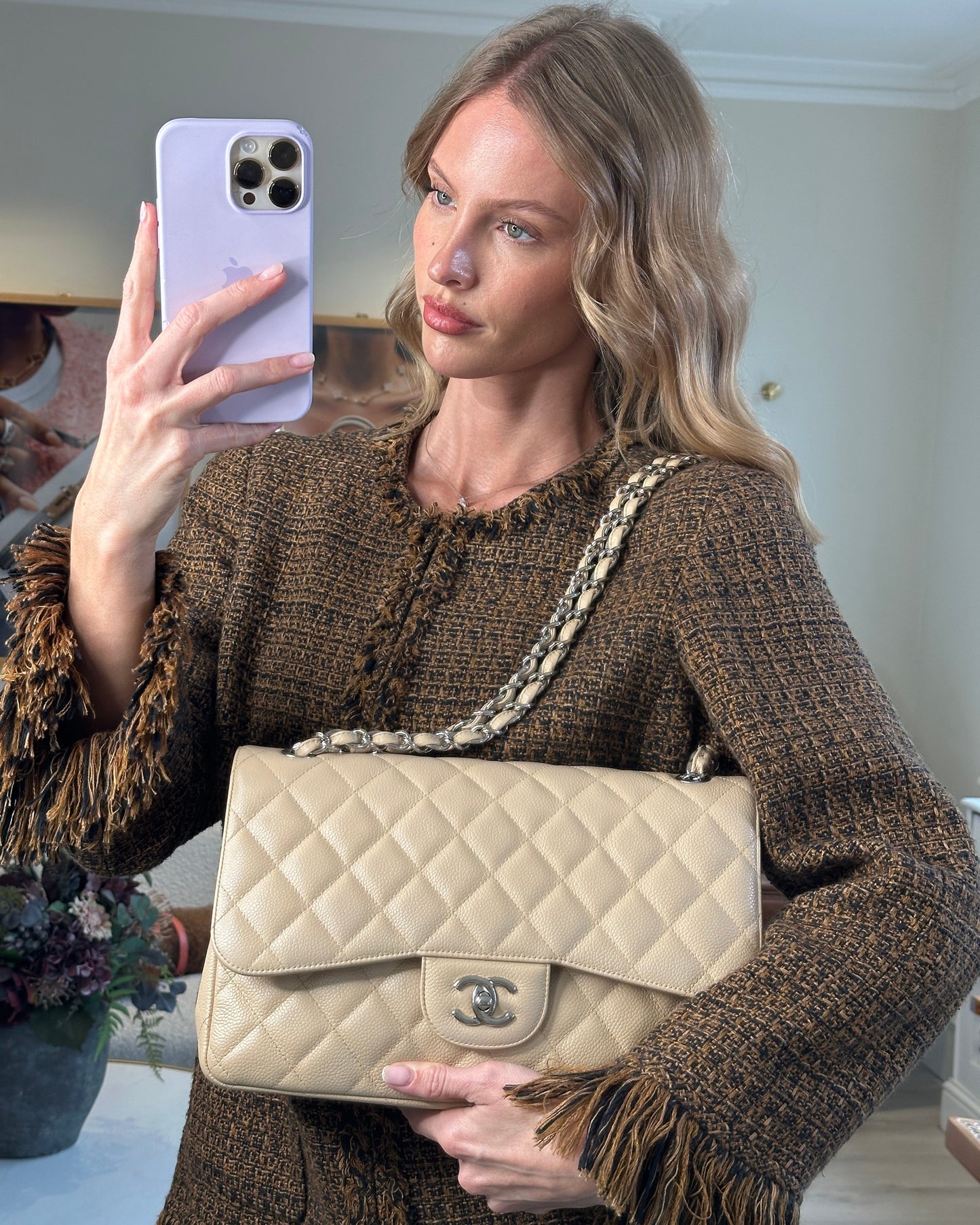 Chanel Beige Jumbo Classic Double Flap Bag in Caviar Leather with Silver Hardware RRP ¬ £9,240
