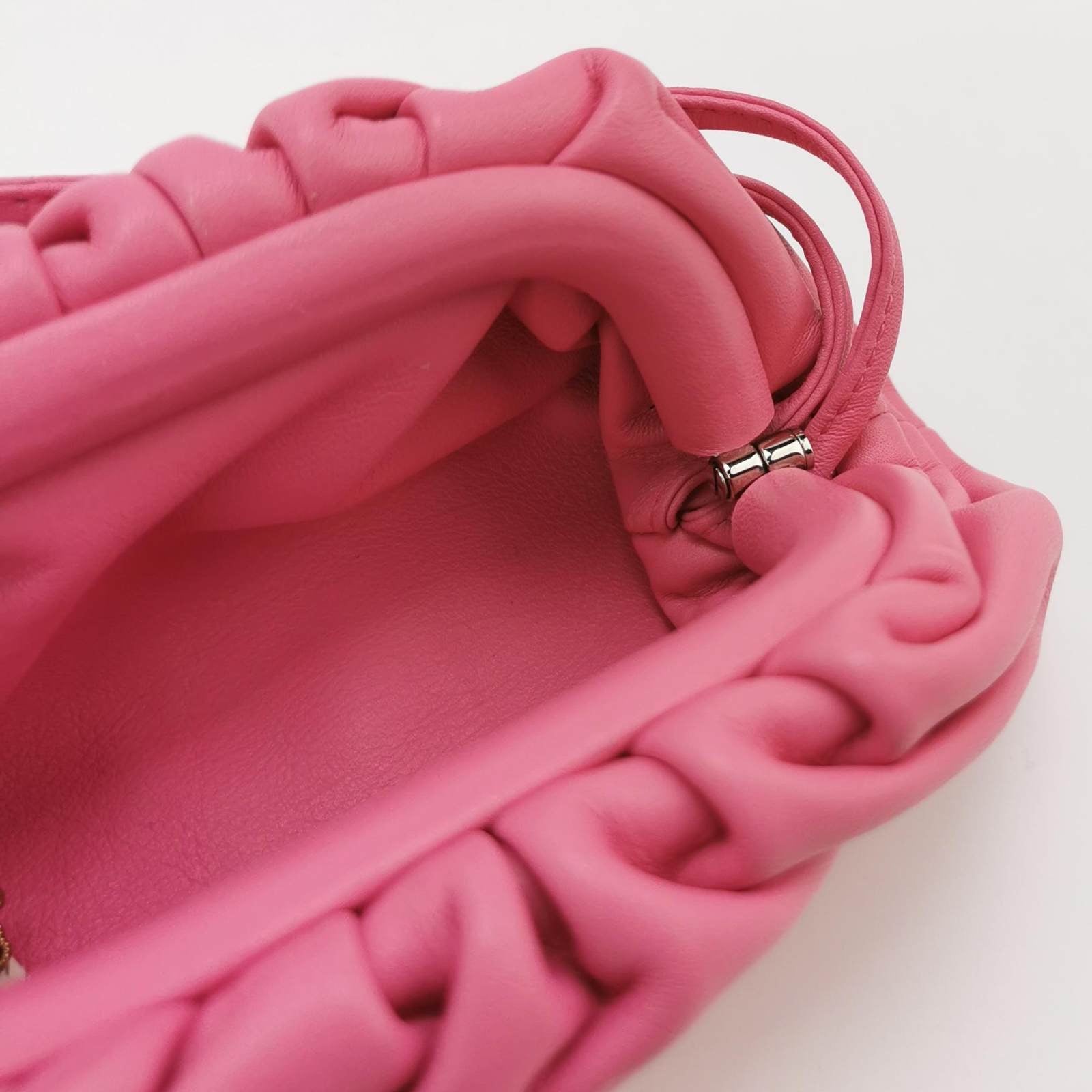 Bottega Veneta Pouch Super Mini Pink Calfskin Leather Crossbody Bag Pearl Chains