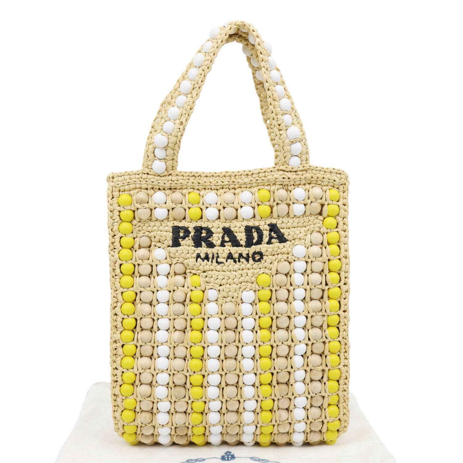 PRADA Embroidered Logo Raffia Wood Bead Tote Bag Multicolor