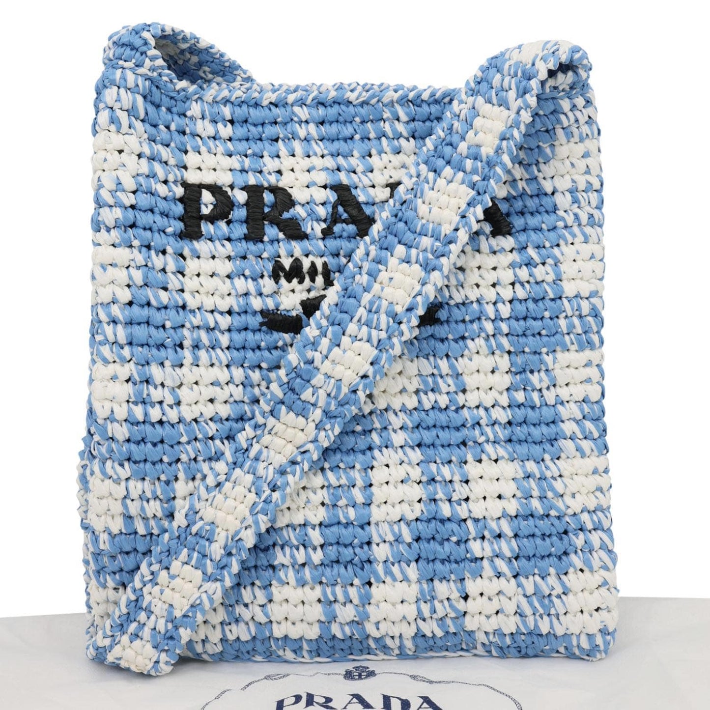 PRADA Embroidered Logo Yarn Crochet Tote Bag Blue