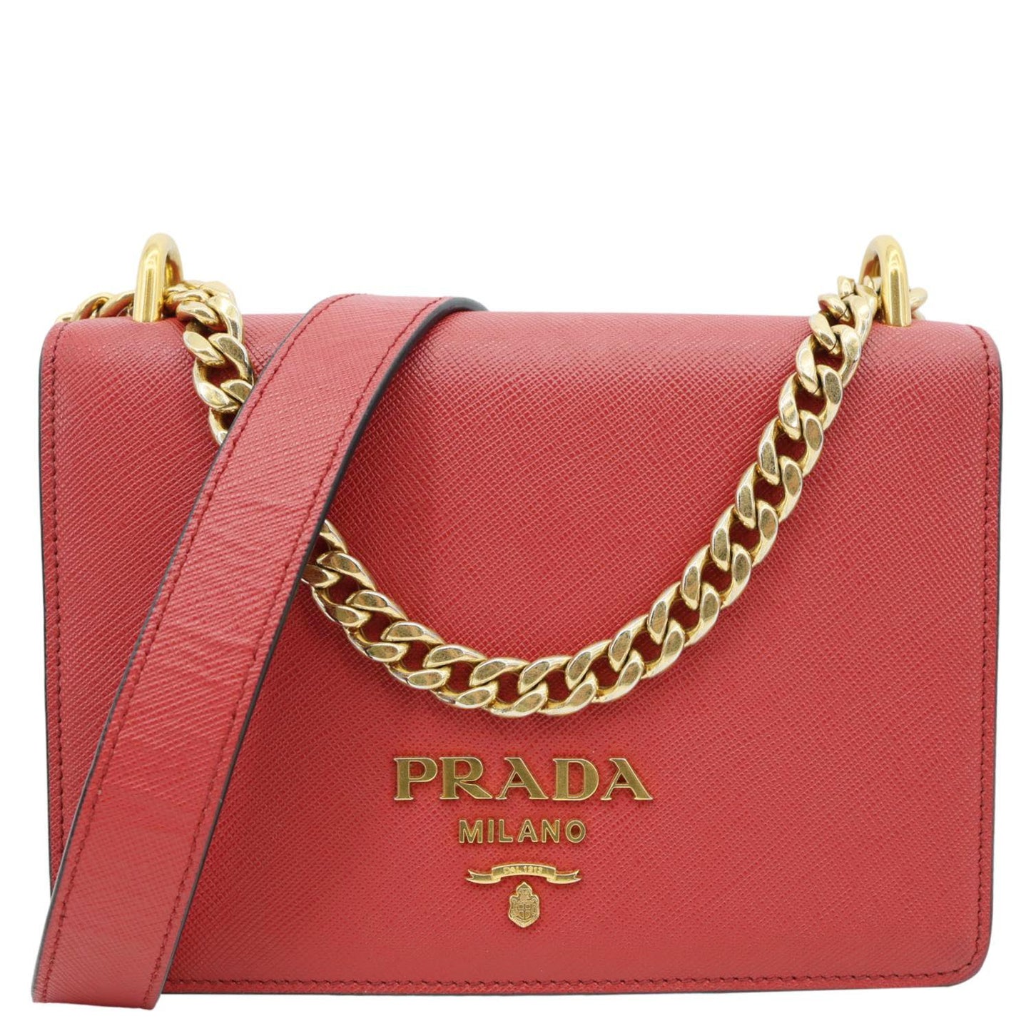 PRADA Chain Flap Saffiano Leather Crossbody Bag Red
