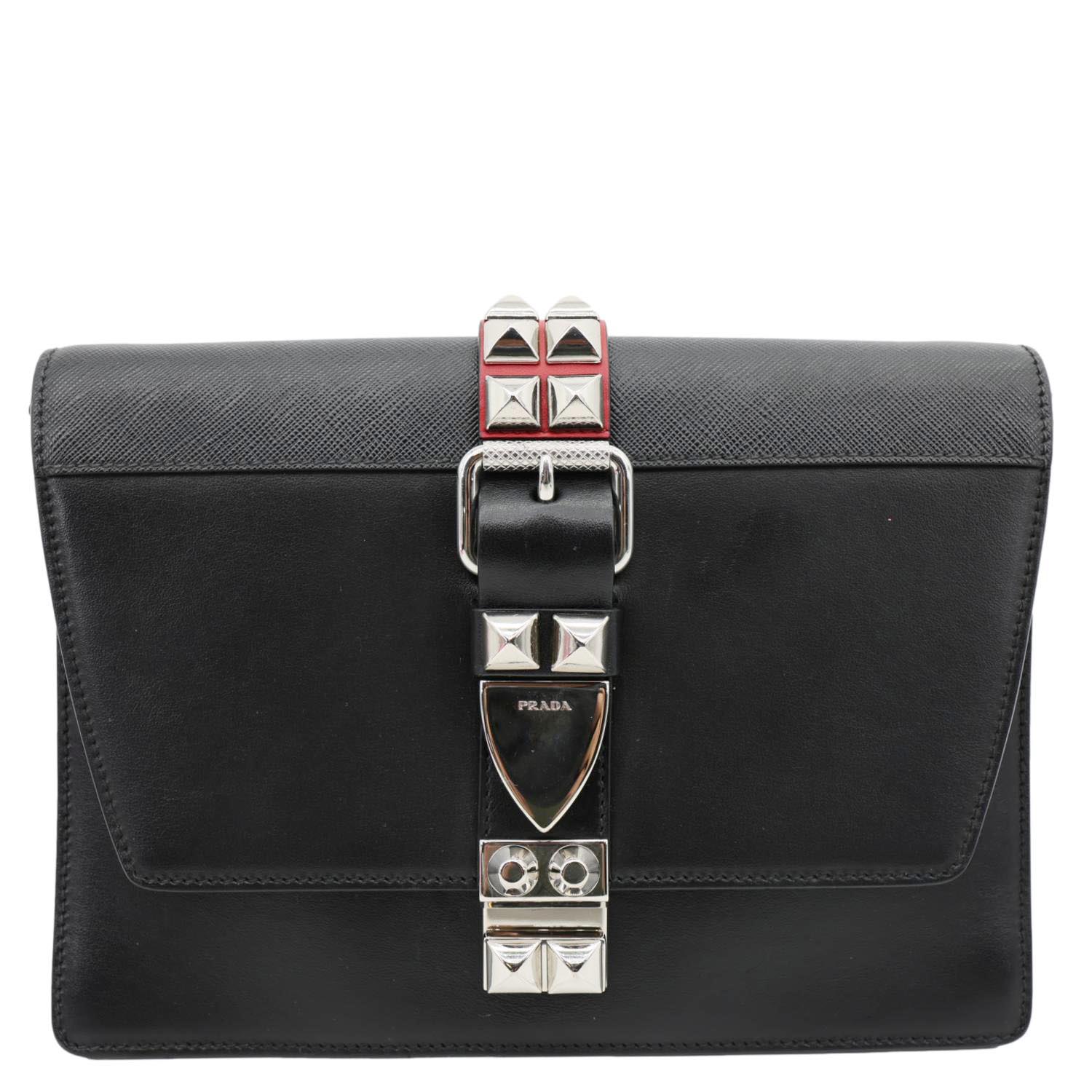 PRADA Studded Elektra Saffiano Leather Crossbody Bag Black