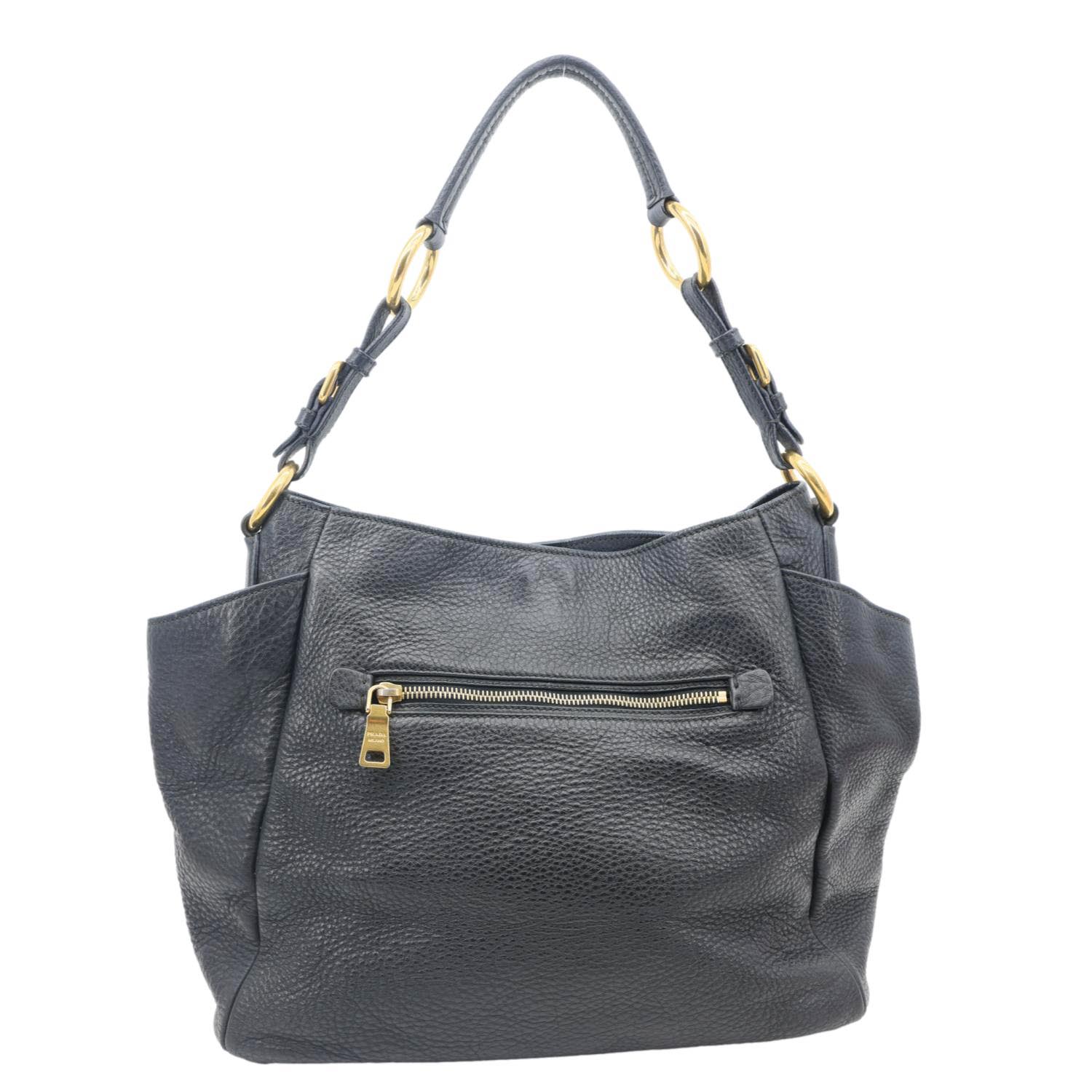 PRADA Vitello Daino Front Zip Leather Hobo Bag Black