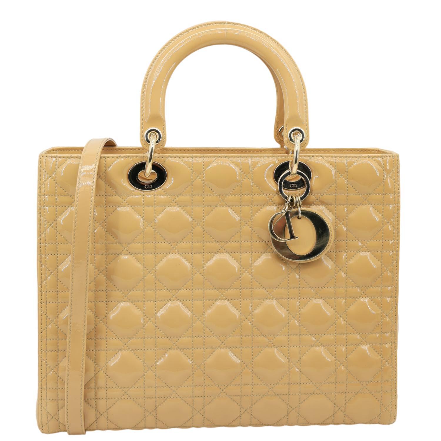 CHRISTIAN DIOR Lady Dior Large Quilted Patent Leather Shoulder Bag Camel