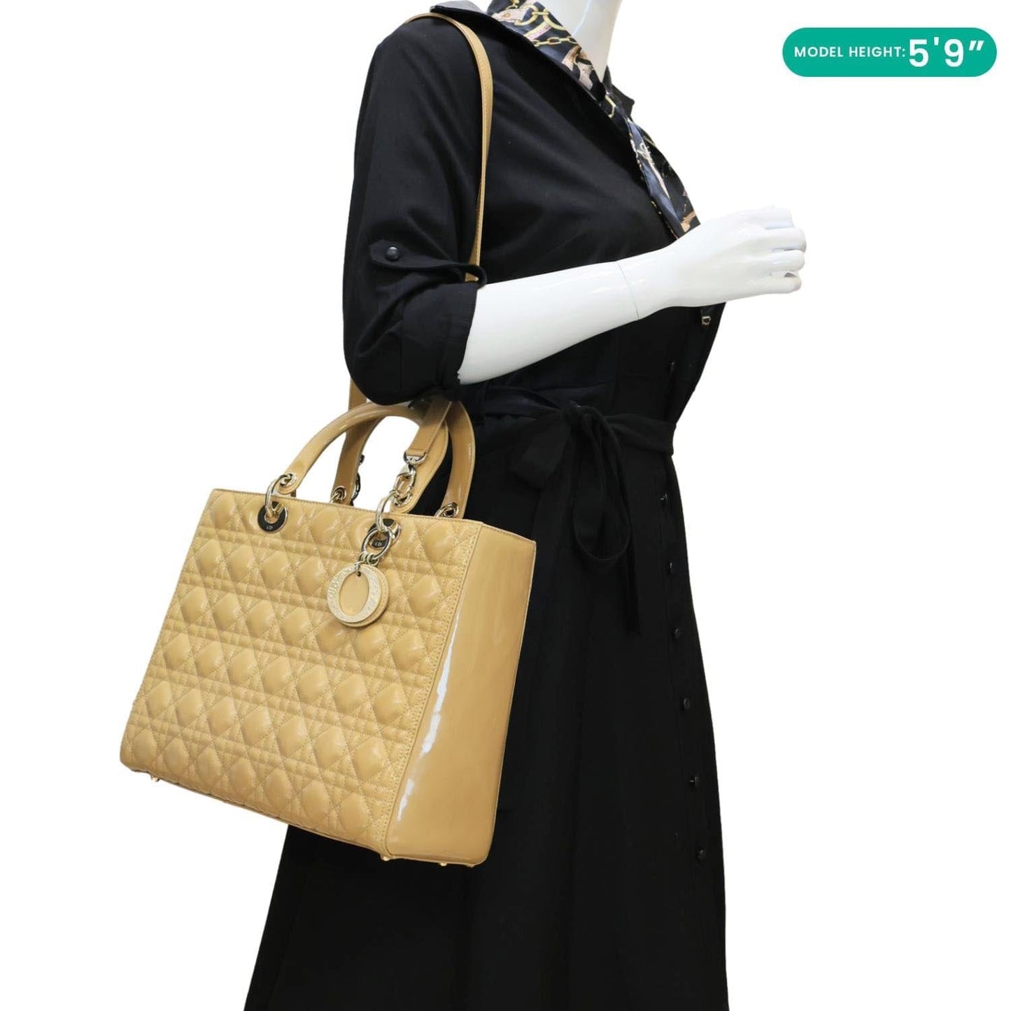 CHRISTIAN DIOR Lady Dior Large Quilted Patent Leather Shoulder Bag Camel