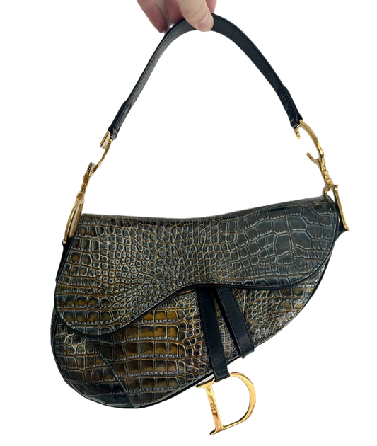 Dior Saddle Green Medium Crocodile embossed Leather Handbag