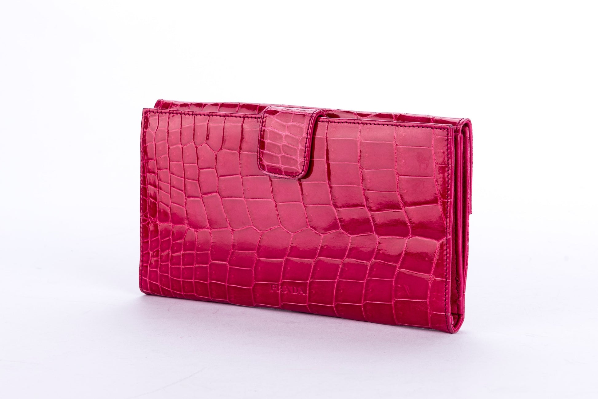 (Exotic) Prada Fuchsia Croc Leather Wallet (1M1133) with Card & Box