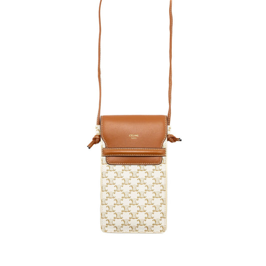 Luxury CELINE Phone Pouch with Flap Triomphe Canvas /Lambskin White/Tan