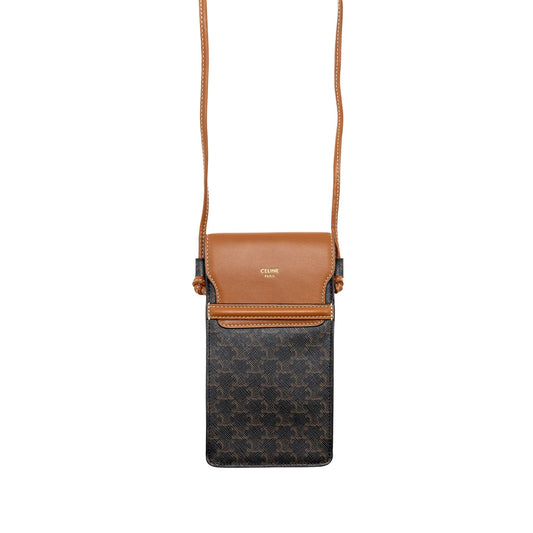Luxury CELINE Phone Pouch with Flap Triomphe Canvas /Lambskin Tan