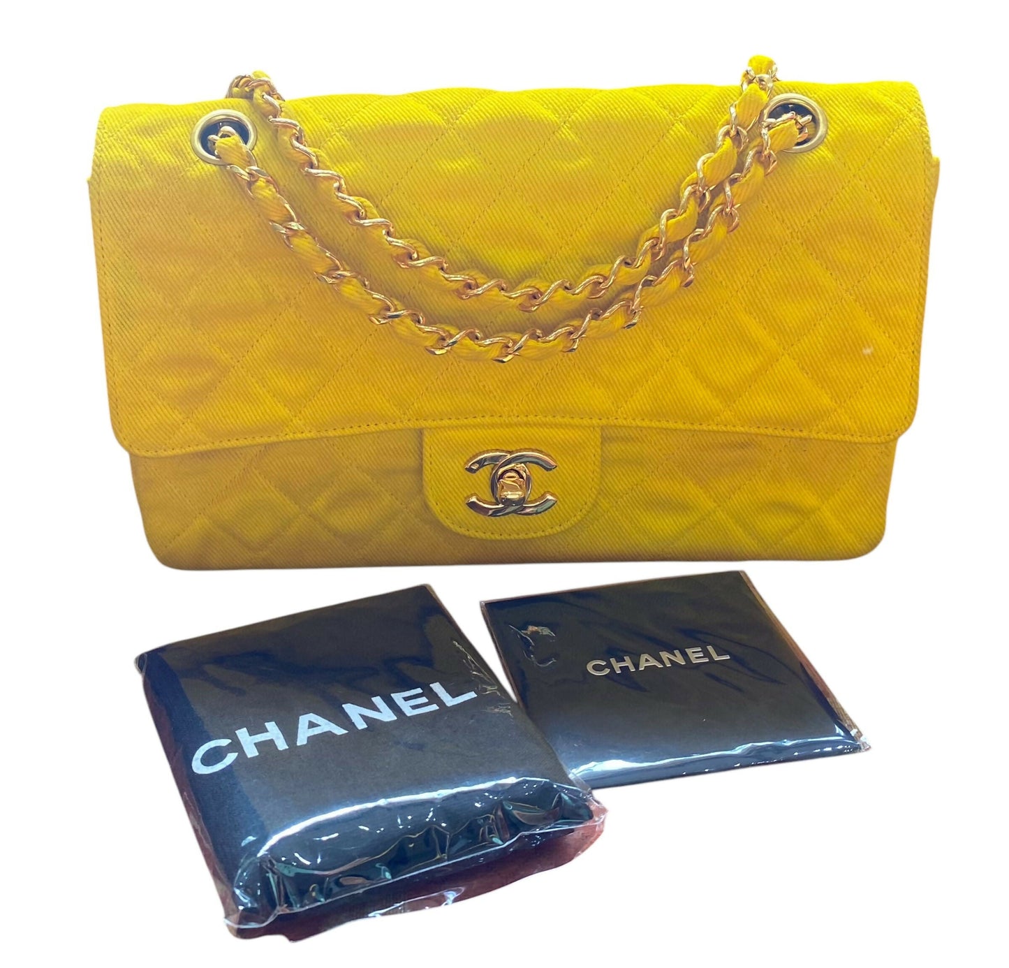 Chanel 90 s Yellow Denim Medium Classic Flap Bag 24K Gold Hardware