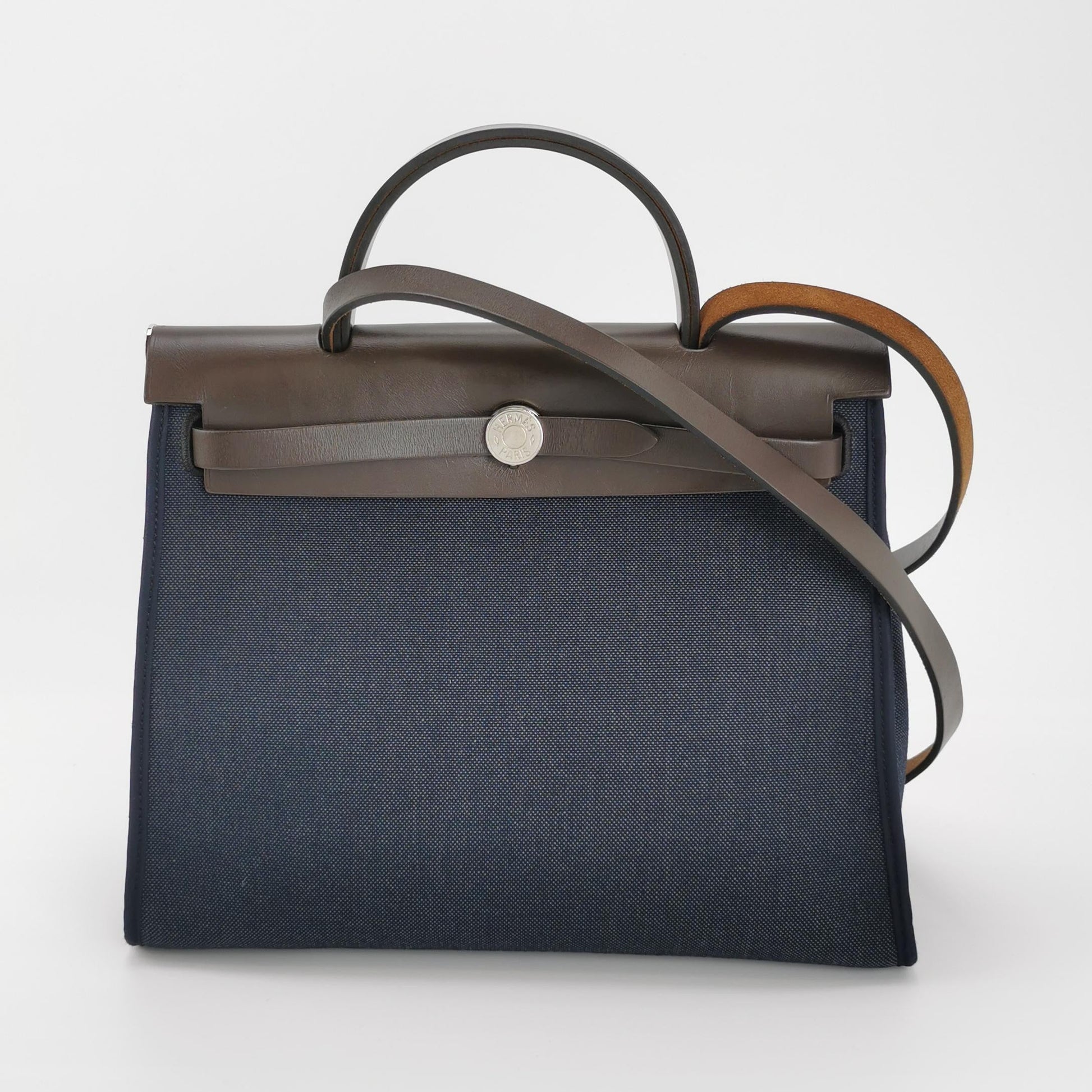 Hermes Herbag 31 Navy Canvas Brown Leather Crossbody Bag