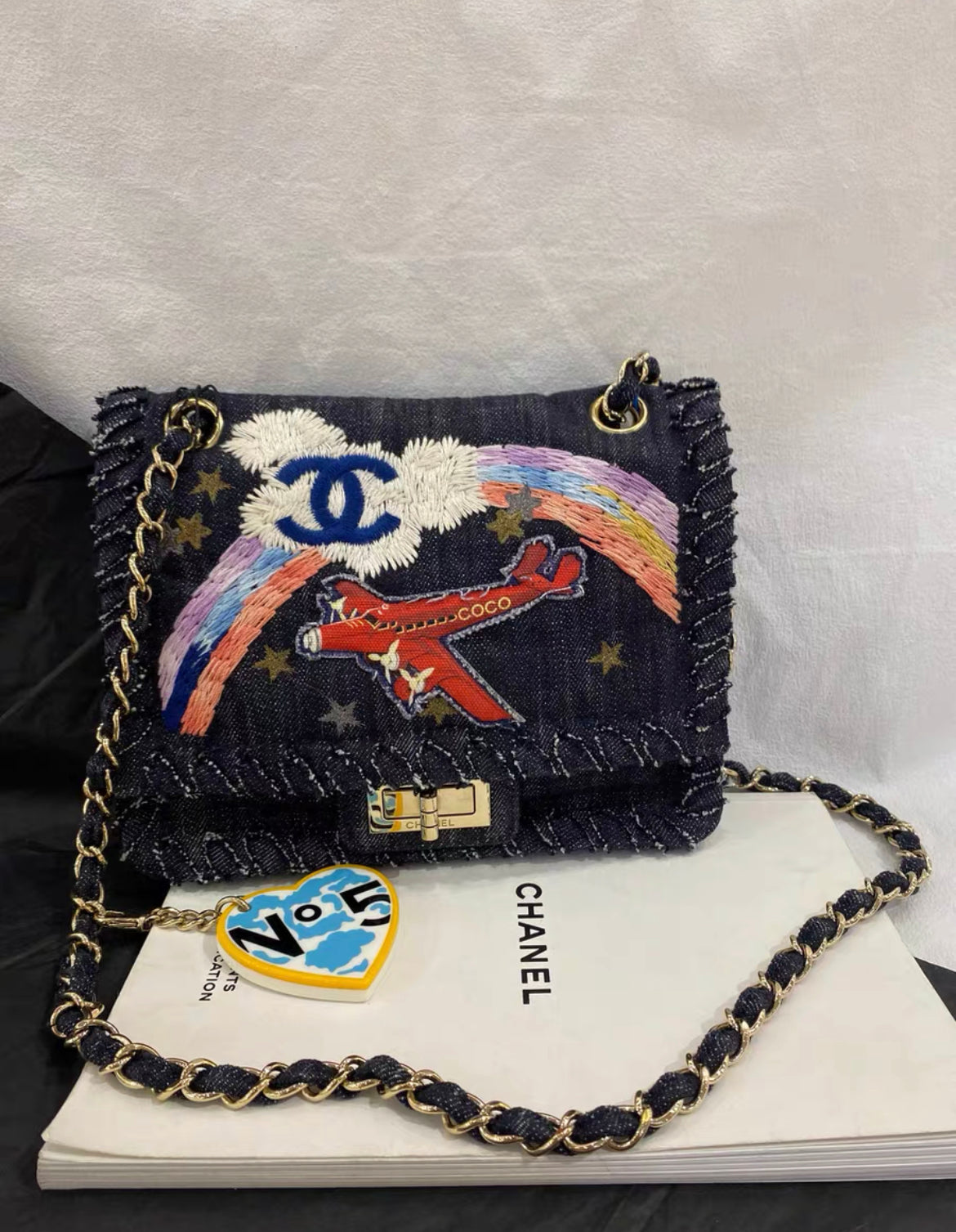 CHANEL 2006 NIGHT FLIGHT DENIM REISSUE AIRPLANE RAINBOW BAG 24K GHW