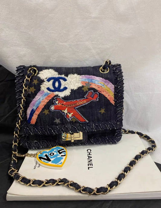 CHANEL 2006 NIGHT FLIGHT DENIM REISSUE AIRPLANE RAINBOW BAG 24K GHW