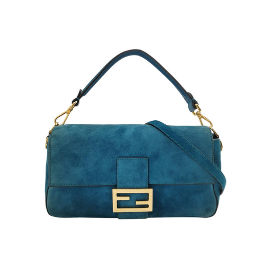 Fendi Baguette Selleria Suede Leather Crossbody Bag Medium Teal Blue
