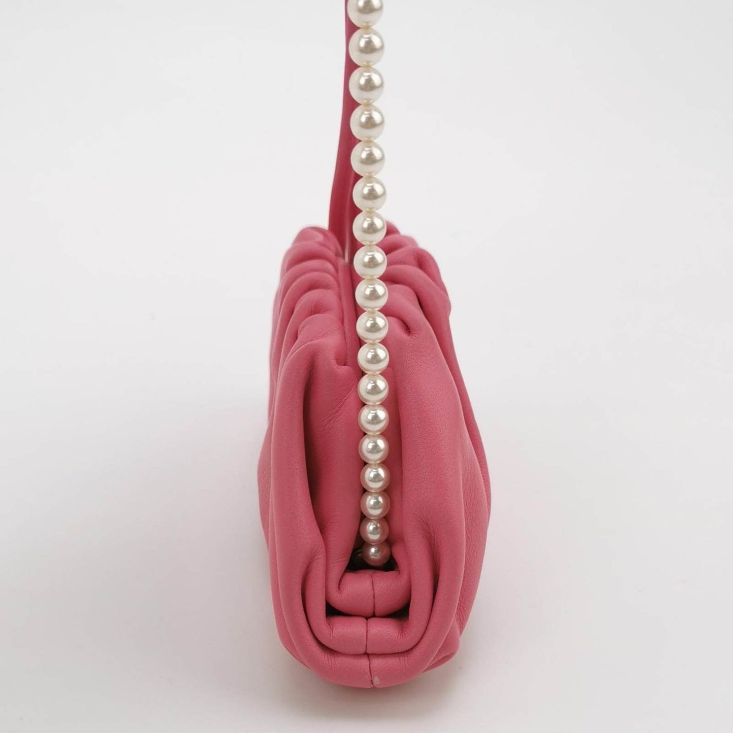 Bottega Veneta Pouch Super Mini Pink Calfskin Leather Crossbody Bag Pearl Chains