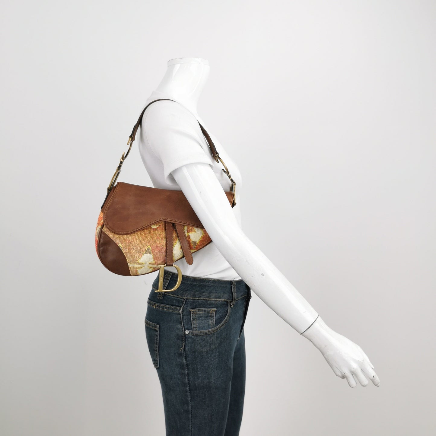 Dior Saddle Brown Leather Printed Velvet Gold Hardware Shoulder Bag