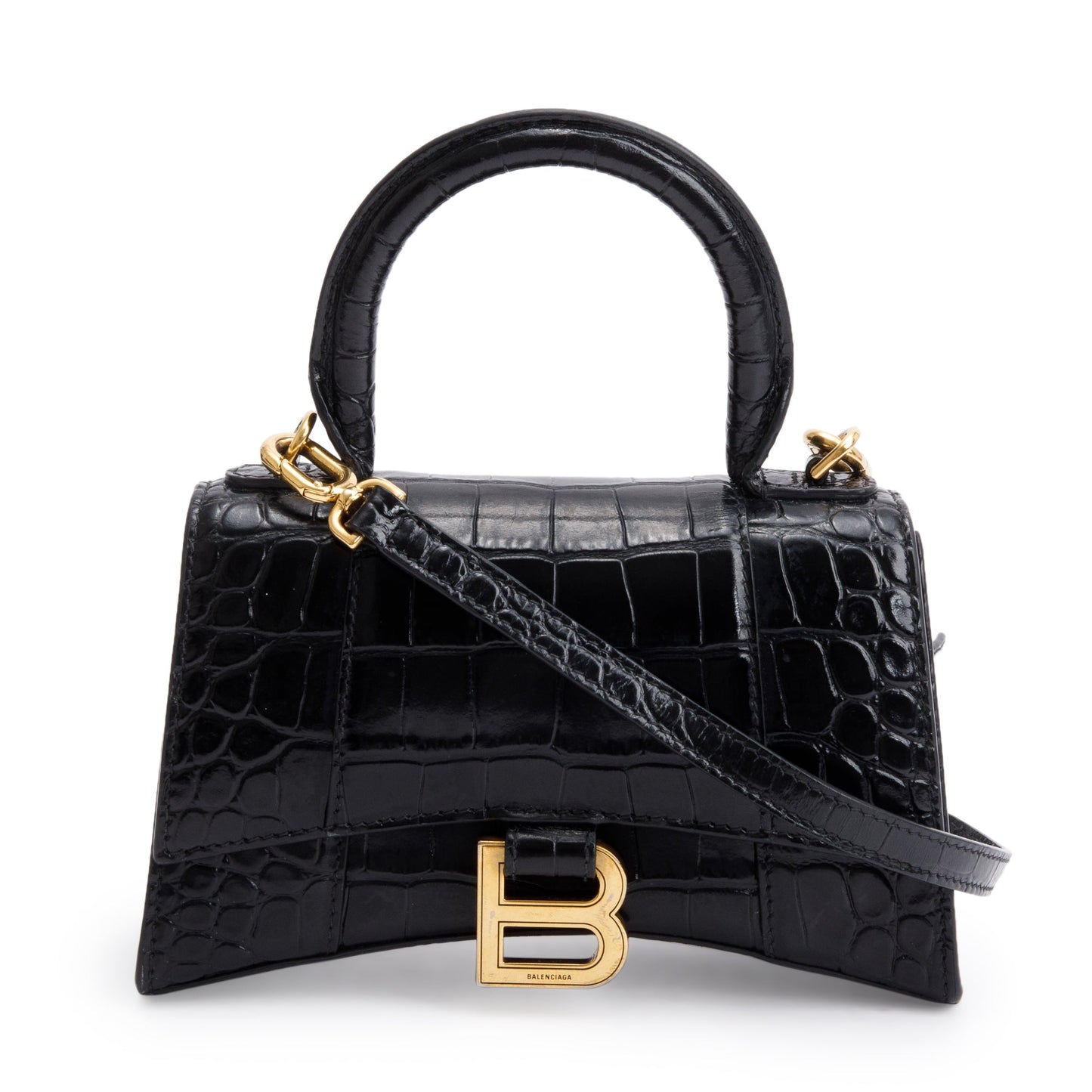 Balenciaga Black Croc-Embossed Leather XS Hourglass Top Handle Bag