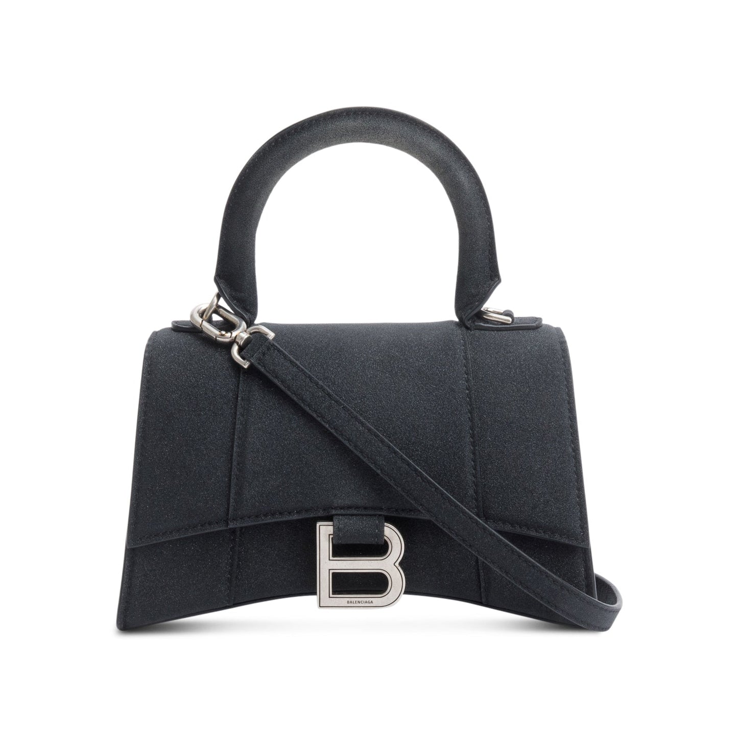 Balenciaga Black Glitter Satin XS Hourglass Top Handle Bag